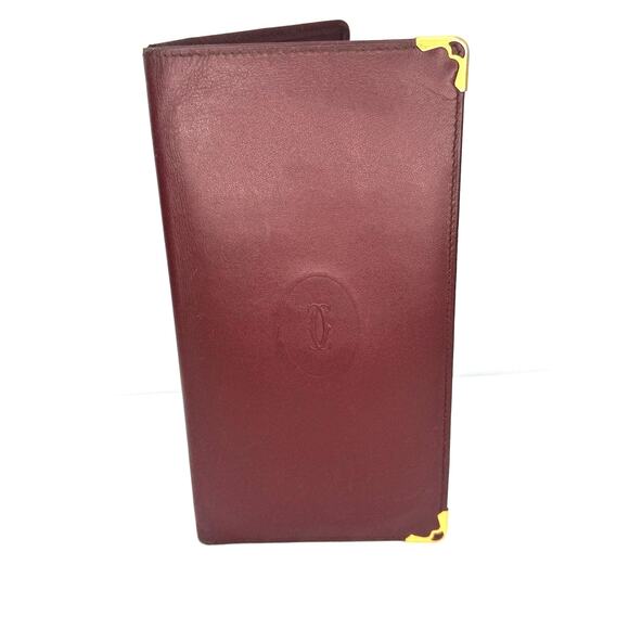 Cartier Must de Cartier Bordeaux Leather Long Wallet Gold Corners Vintage Italy - Picture 1 of 8
